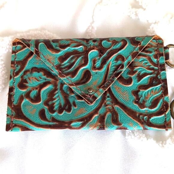 Turquoise and Brown Leather Tooled Artisan Keychain/C Card Money /Mini Wallet - Picture 3 of 10